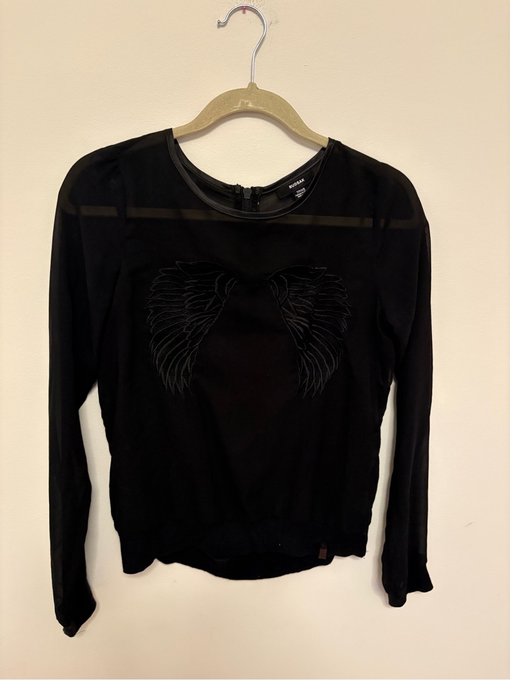 Vintage RUDSAK Black Sheer Mesh Angel Wing Top XS Embroidered Y2K Whimsigoth